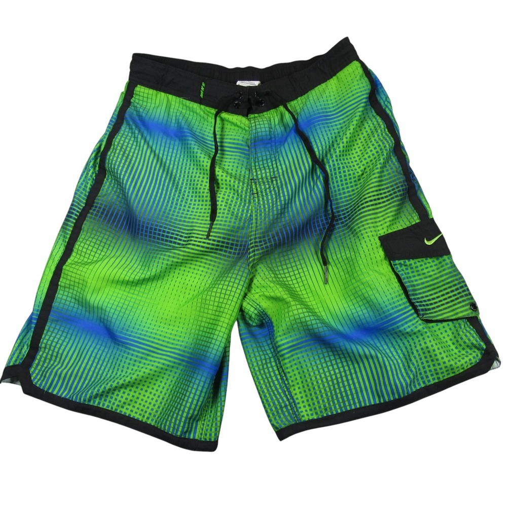 Nike Mens Swim Trunks Size M Green Blue Grid Board Shorts Mesh Lined Drawstring
